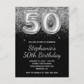 Sparkly Silver Glitter Black Balloon 50e verjaarda Uitnodiging Briefkaart (Voorkant)