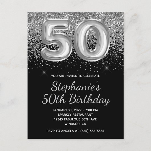Sparkly Silver Glitter Black Balloon 50e verjaarda Uitnodiging Briefkaart (Voorkant)