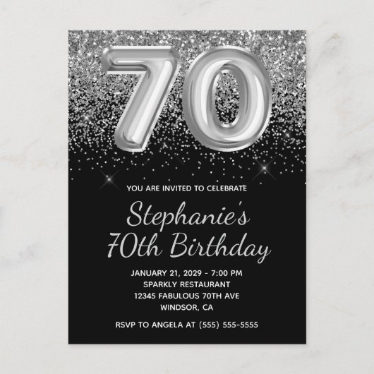 Sparkly Silver Glitter Black Balloon 70e verjaarda Uitnodiging Briefkaart (Voorkant)