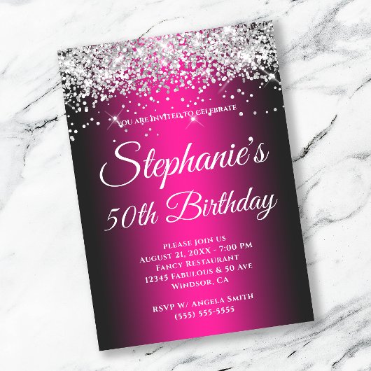 Sparkly Silver Glitter Black Edge Magenta gradiënt Kaart