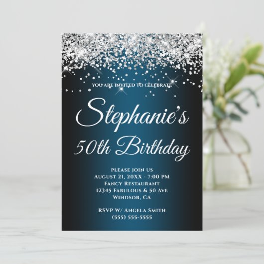 Sparkly Silver Glitter Black Ocean Blue Gradient Kaart (Staand voorkant)