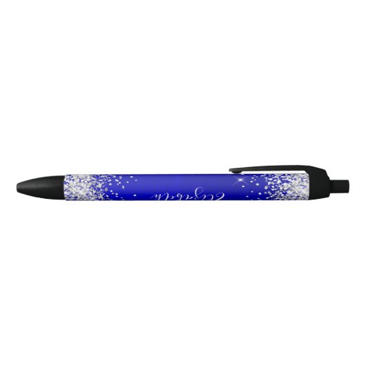 Sparkly Silver Glitter Blue Satin Zwarte Inkt Pen (Bovenkant)