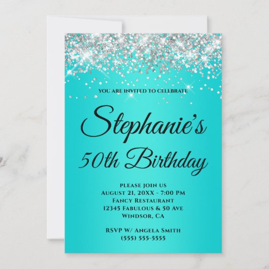 Sparkly Silver Glitter Bright Turquoise Gradient Kaart (Voorkant)