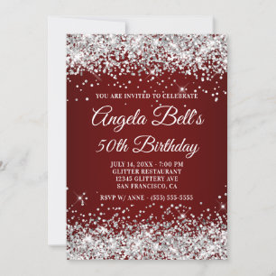 Sparkly Silver Glitter Burgundy 50th Birthday Kaart