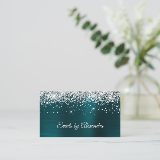Sparkly Silver Glitter Dark Turquoise Folie Visitekaartje (Staand voorkant)