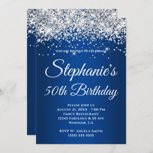 Sparkly Silver Glitter Deep Blue Gradient Kaart (Voorkant / Achterkant)