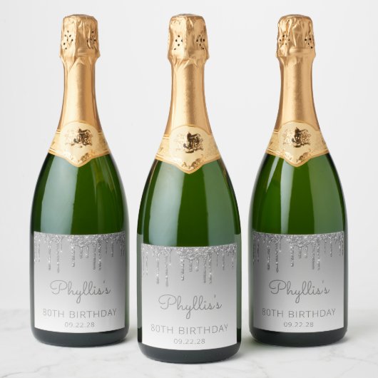 Sparkly Silver Glitter Drip 80th Birthday Sparkling Wijnetiket (Flessen)