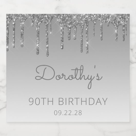 Sparkly Silver Glitter Drip 90th Birthday Sparkling Wijnetiket (Enkel label)