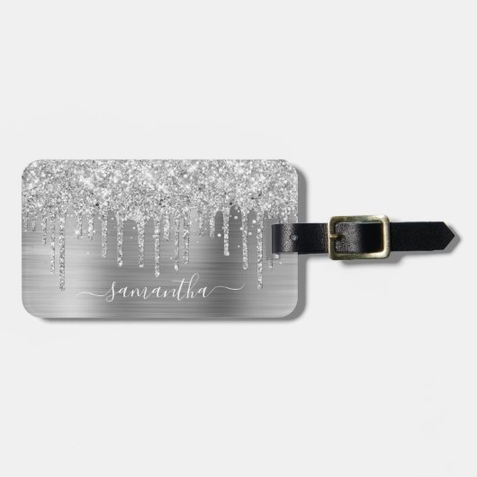 Sparkly Silver Glitter Drips Girly Signature Bagagelabel (Voorkant horizontaal)
