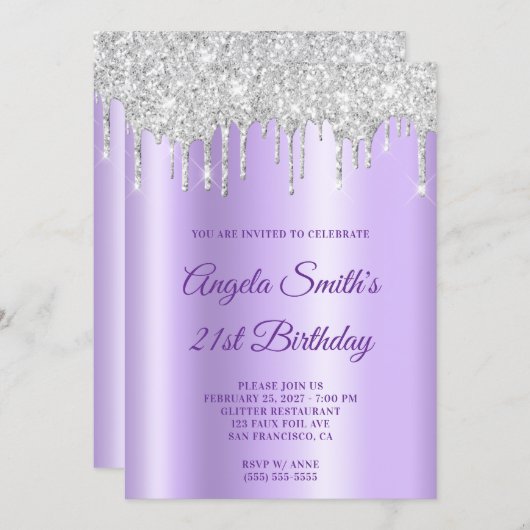Sparkly Silver Glitter Drips Lavender Ombre Kaart (Voorkant / Achterkant)