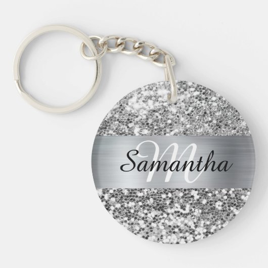 Sparkly Silver Glitter Folie Gepersonaliseerd Mono Sleutelhanger (Voorkant)