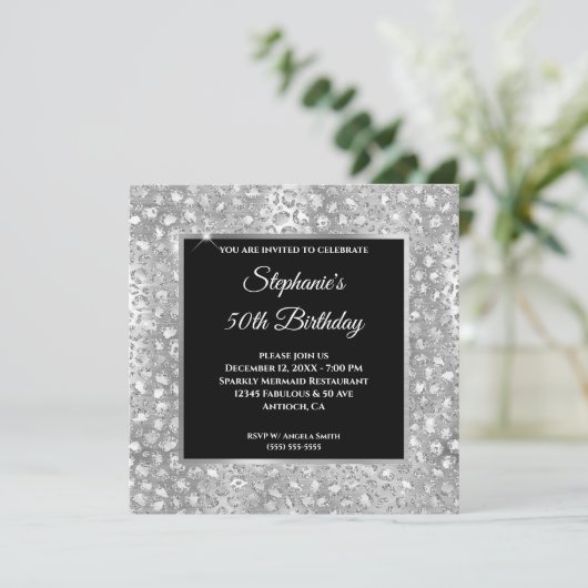 Sparkly Silver Glitter Folie Leopard Afdrukdag Kaart (Staand voorkant)
