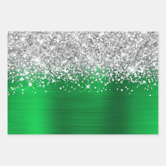 Sparkly Silver Glitter Groene Faux Folie Inpakpapier Vel (Voorkant)