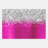 Sparkly Silver Glitter Hot Pink Faux Folie Inpakpapier Vel (Voorkant)