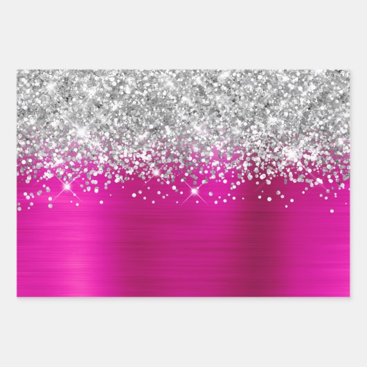 Sparkly Silver Glitter Hot Pink Faux Folie Inpakpapier Vel (Voorkant 3)