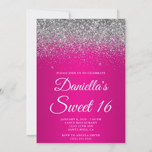 Sparkly Silver Glitter Hot Pink Gradient Sweet 16 Kaart (Voorkant)