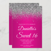 Sparkly Silver Glitter Hot Pink Gradient Sweet 16 Kaart (Voorkant / Achterkant)
