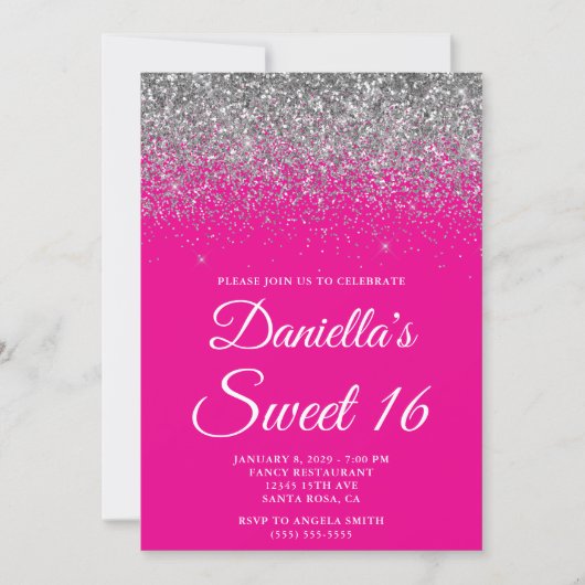 Sparkly Silver Glitter Hot Pink Sweet 16 Kaart (Voorkant)