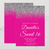 Sparkly Silver Glitter Hot Pink Sweet 16 Kaart (Voorkant / Achterkant)