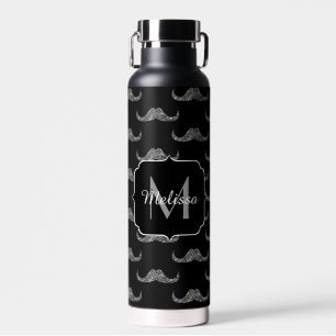 Sparkly Silver Glitter Mustache Black Monogram Waterfles