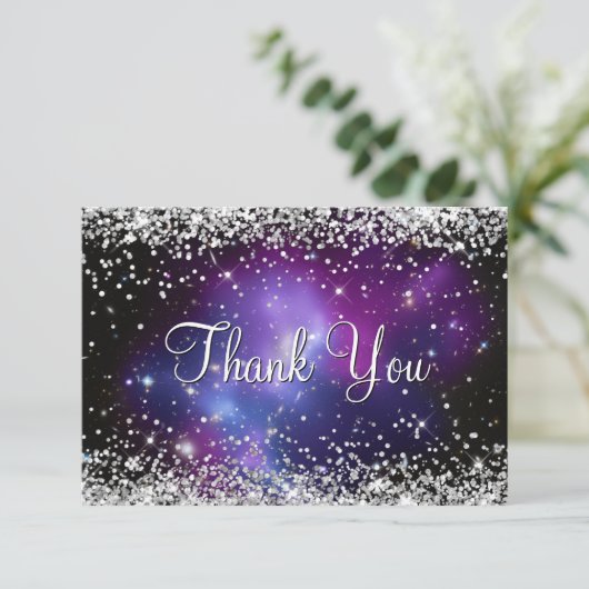 Sparkly Silver Glitter Paars Celestial Bedankkaart (Staand voorkant)