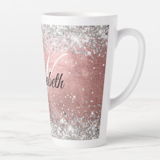 Sparkly Silver Glitter Roos Blush Folie Monogram Latte Mok (Rechts)