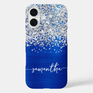 Sparkly Silver Glitter Royal Blue Glam Naam iPhone 16 Hoesje