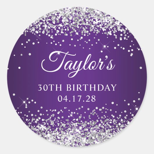 Sparkly Silver Glitter Royal Paars 30th Birthday Ronde Sticker (Voorkant)