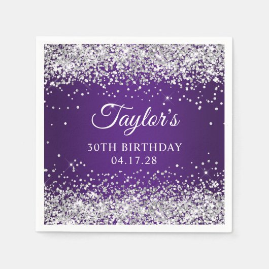 Sparkly Silver Glitter Royal Paars 30th Birthday Servet (Voorkant)