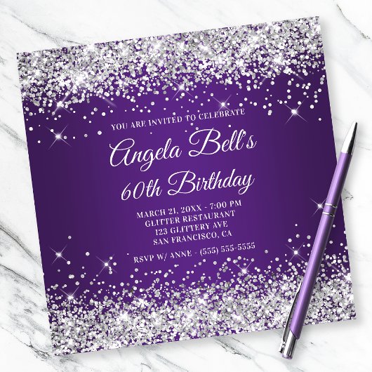 Sparkly Silver Glitter Royal Paars 60th Birthday Kaart