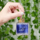 Sparkly Silver Glitter Sapphire Blue Folie Monogra Sleutelhanger (Hand)