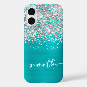Sparkly Silver Glitter Turquoise Blue Glam Name iPhone 16 Hoesje