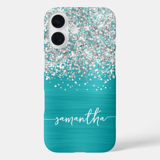 Sparkly Silver Glitter Turquoise Blue Glam Name Case-Mate iPhone Case (Achterkant)