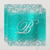 Sparkly Silver Glitter Turquoise Folie Monogrammed Kaart (Voorkant / Achterkant)
