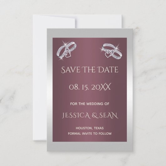 Sparkly Silver Rings & Burgandy Save The Date (Voorkant)