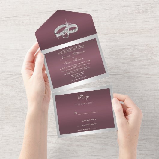 Sparkly Silver Rings & Burgandy Wedding All In One Uitnodiging (Afscheurbaar)