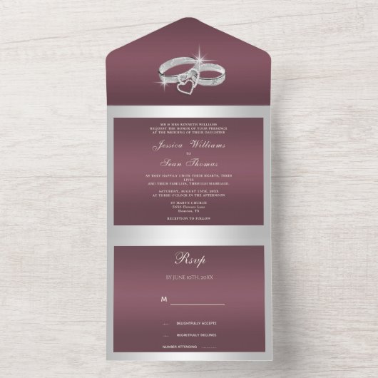 Sparkly Silver Rings & Burgandy Wedding All In One Uitnodiging (Binnen)