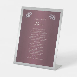 Sparkly Silver Rings & Burgandy Wedding Menu Reclamebord Met Voetstuk