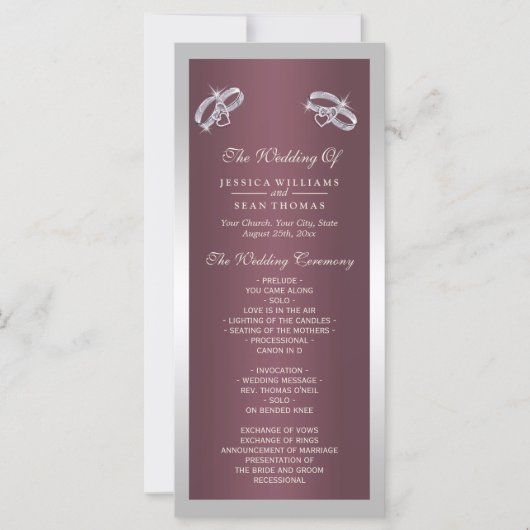 Sparkly Silver Rings & Burgandy Wedding Programme (Devant)