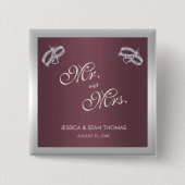 Sparkly Silver Rings & Burgandy Wedding Vierkante Button 5,1 Cm (Voorkant)