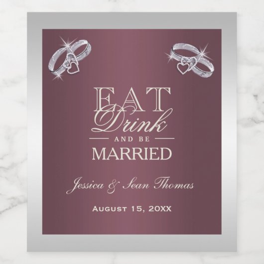 Sparkly Silver Rings & Burgandy Wedding Wijn Etiket (Enkel label)