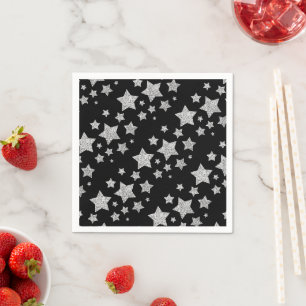 Sparkly Silver Stars Kerst feestdagen zwart Servet
