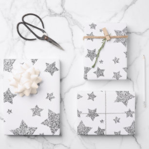 Sparkly Silver Stars kerstpatroon op wit Inpakpapier Vel