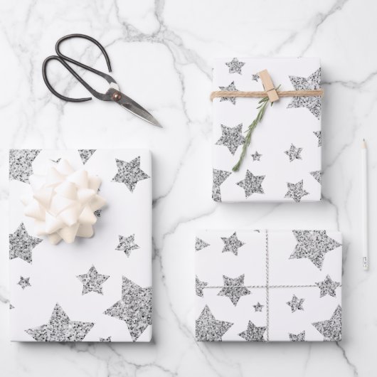 Sparkly Silver Stars kerstpatroon op wit Inpakpapier Vel (Voorkant)