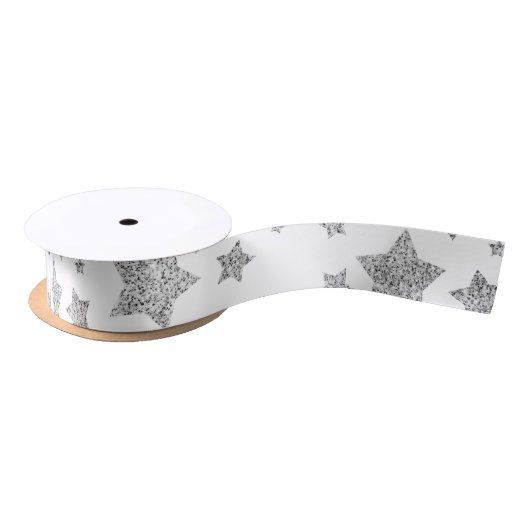 Sparkly Silver Stars kerstpatroon op wit Lint (Spoel)
