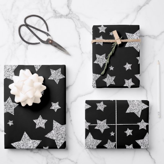 Sparkly Silver Stars kerstpatroon op zwart Inpakpapier Vel (Voorkant)
