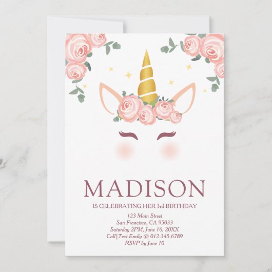Sparkly Stars and Flowers Eenhoorn Verjaardag Kaart (Voorkant)