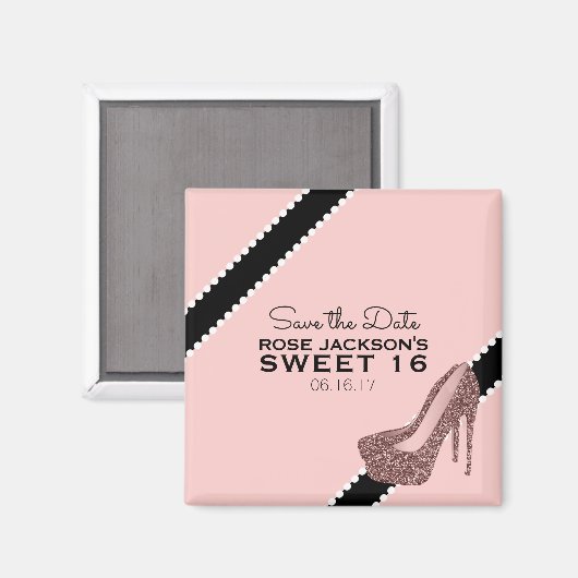 Sparkly Stiletto Heel Sweet 16 Save the Date Pink Magneet (Voorkant / Achterkant)
