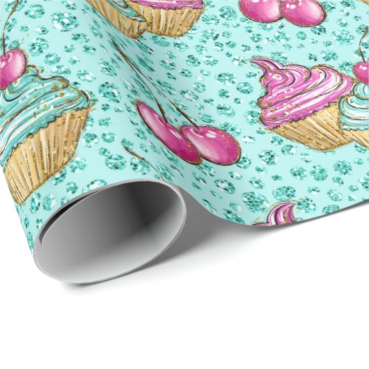 Sparkly turquoise roze en blauwe cupcakes verjaard cadeaupapier (Rol Hoek)