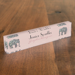 Sparkly zilveren mozaïek glitter Olifant roos roze Naambordje